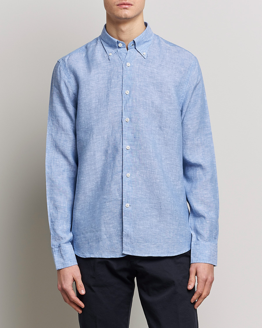 Herre | Casual | Oscar Jacobson | Regular Fit Button Down Linen Shirt Blue