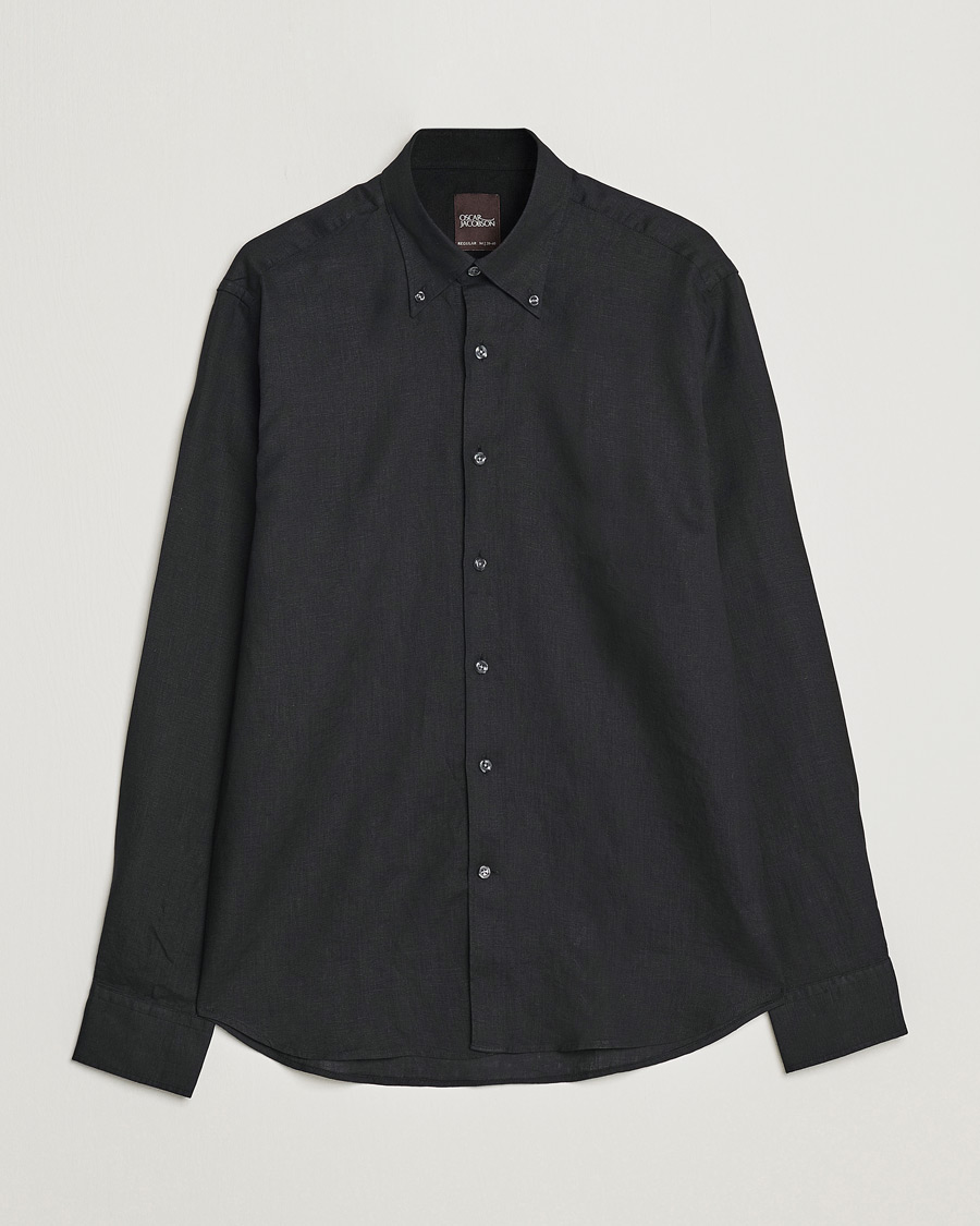 Herre | Skjorter | Oscar Jacobson | Regular Fit Button Down Linen Shirt Black