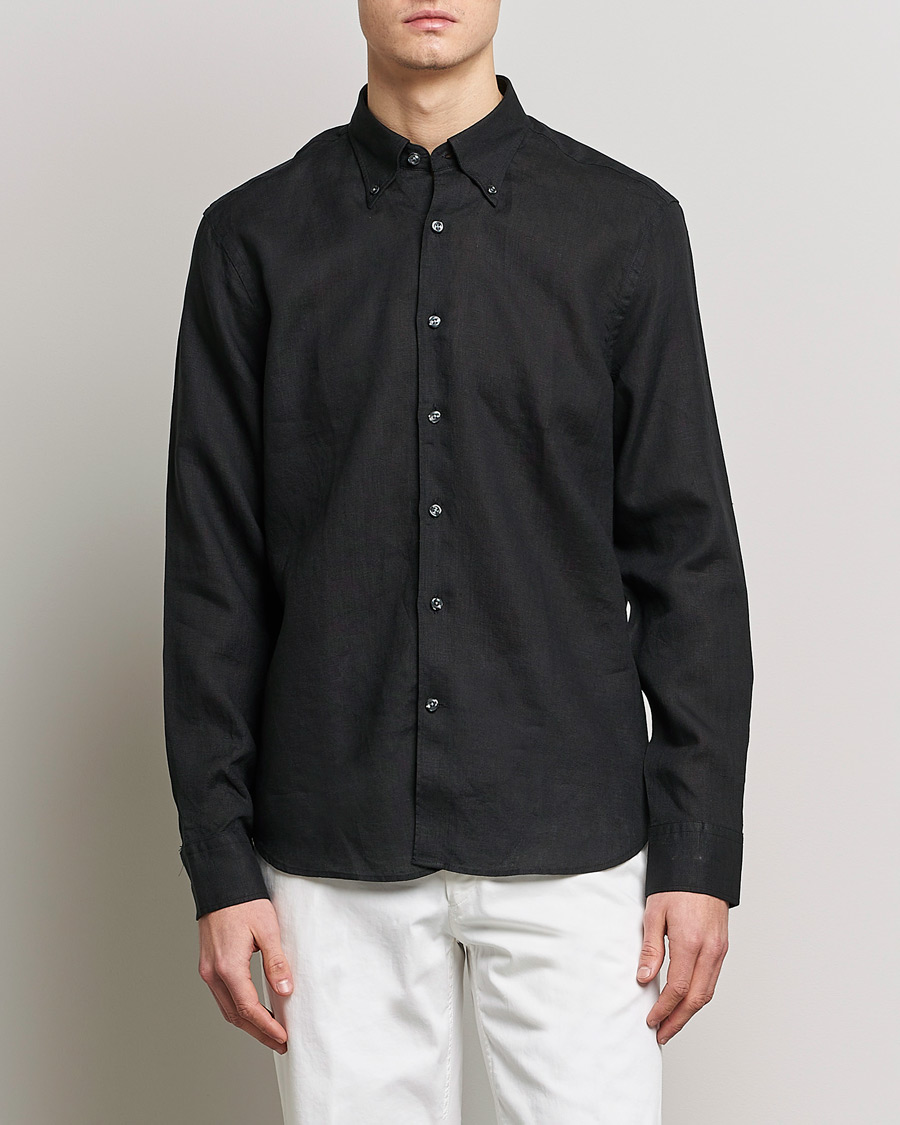Herre | Skjorter | Oscar Jacobson | Regular Fit Button Down Linen Shirt Black