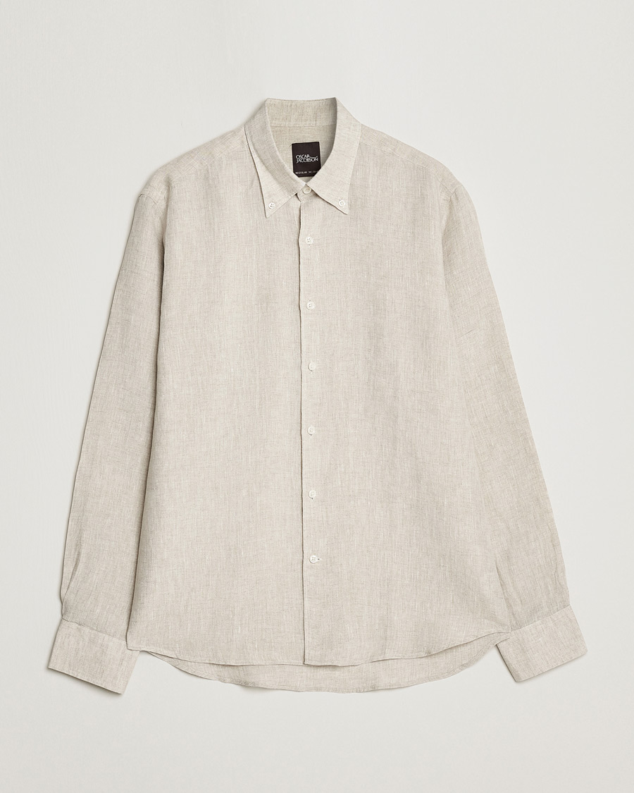 Herre |  | Oscar Jacobson | Regular Fit Button Down Linen Shirt Beige