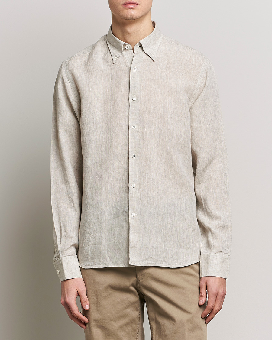 Herre |  | Oscar Jacobson | Regular Fit Button Down Linen Shirt Beige