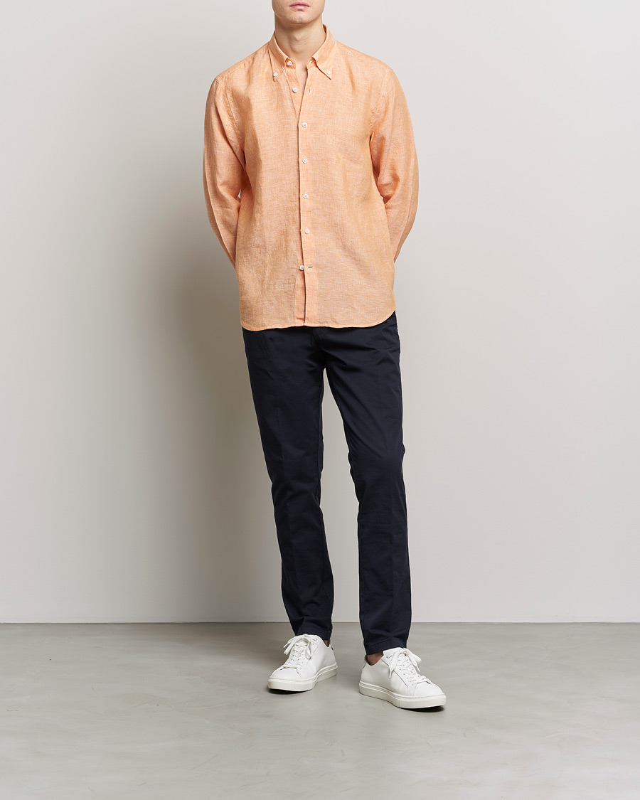 Herre | Skjorter | Oscar Jacobson | Regular Fit Button Down Linen Shirt Orange