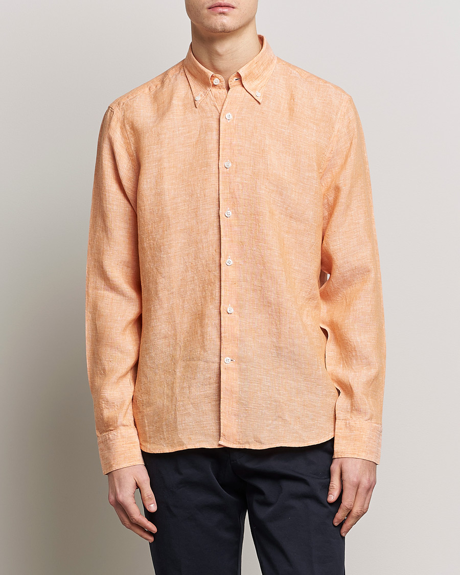 Herre | Skjorter | Oscar Jacobson | Regular Fit Button Down Linen Shirt Orange