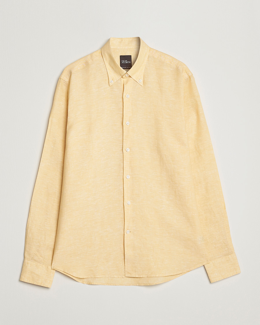 Herre | Skjorter | Oscar Jacobson | Regular Fit Button Down Linen Shirt Yellow