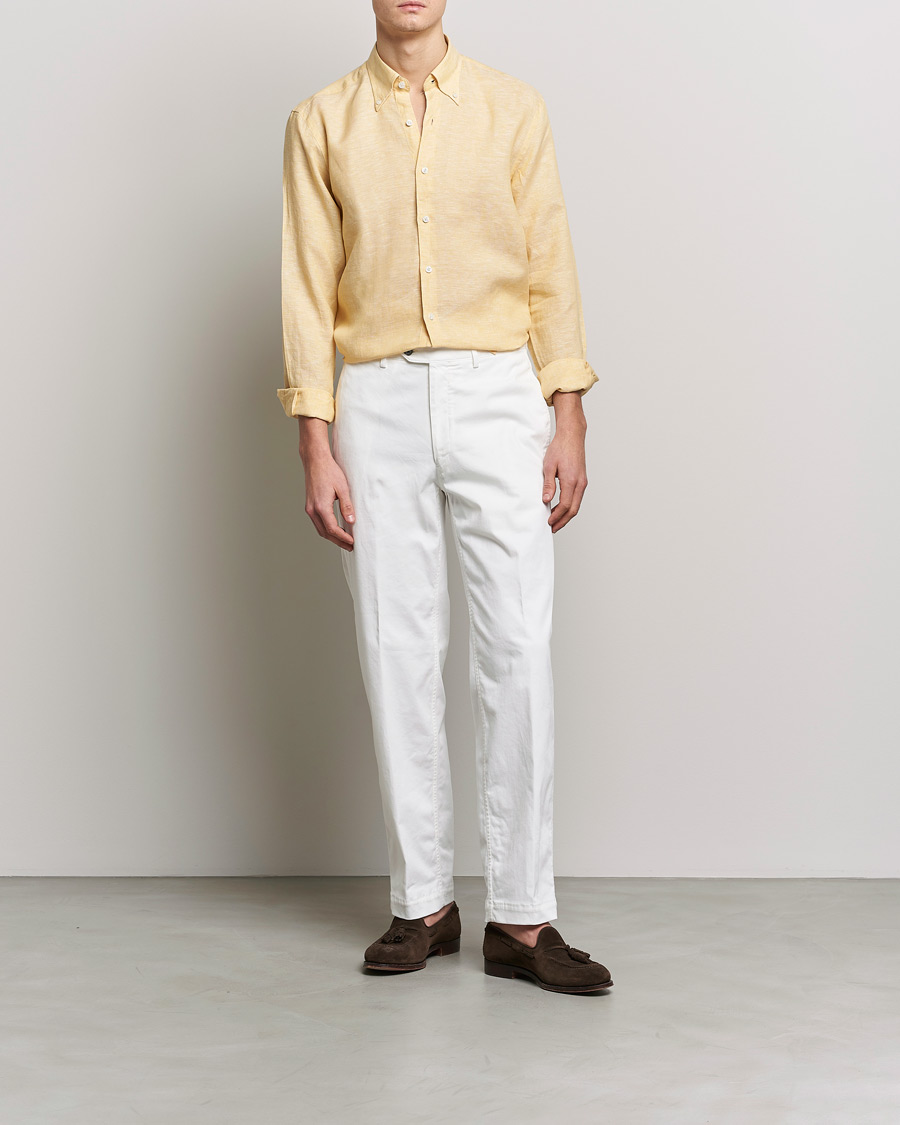Herre | Skjorter | Oscar Jacobson | Regular Fit Button Down Linen Shirt Yellow