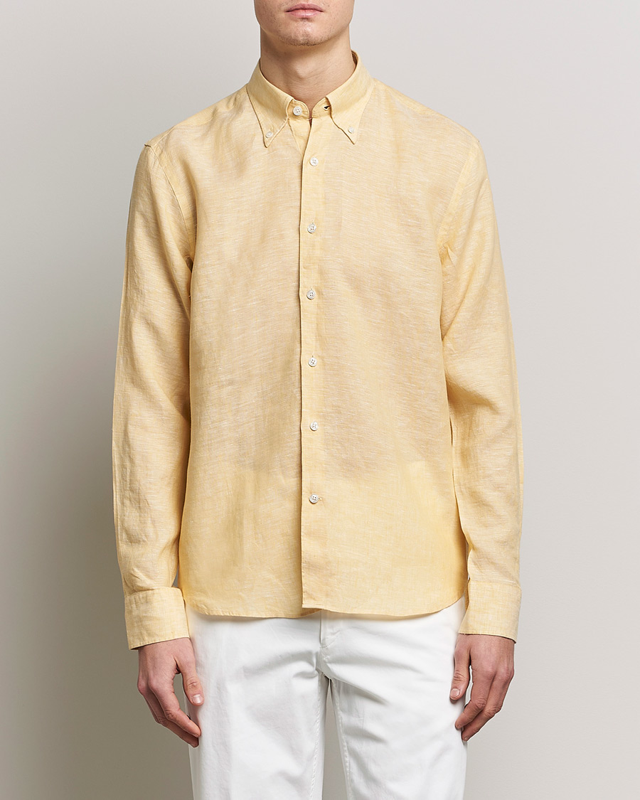 Herre | Hørskjorter | Oscar Jacobson | Regular Fit Button Down Linen Shirt Yellow