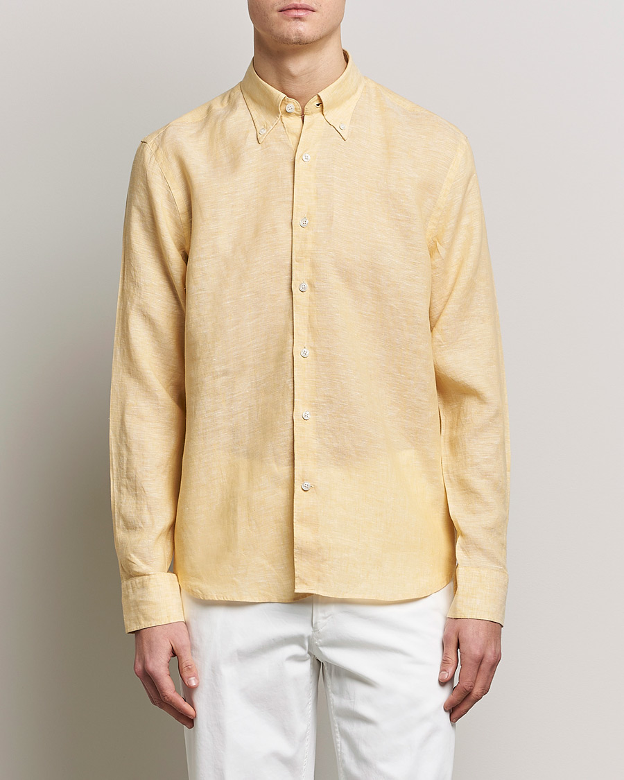 Herre | Skjorter | Oscar Jacobson | Regular Fit Button Down Linen Shirt Yellow