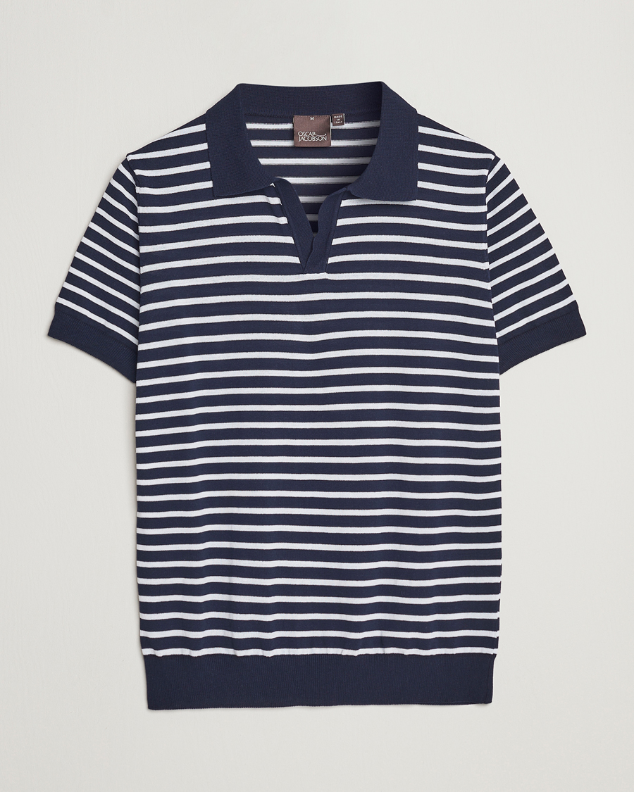 Herre | Polotrøjer | Oscar Jacobson | Devon Short Sleeve Striped Cotton Polo White/Blue