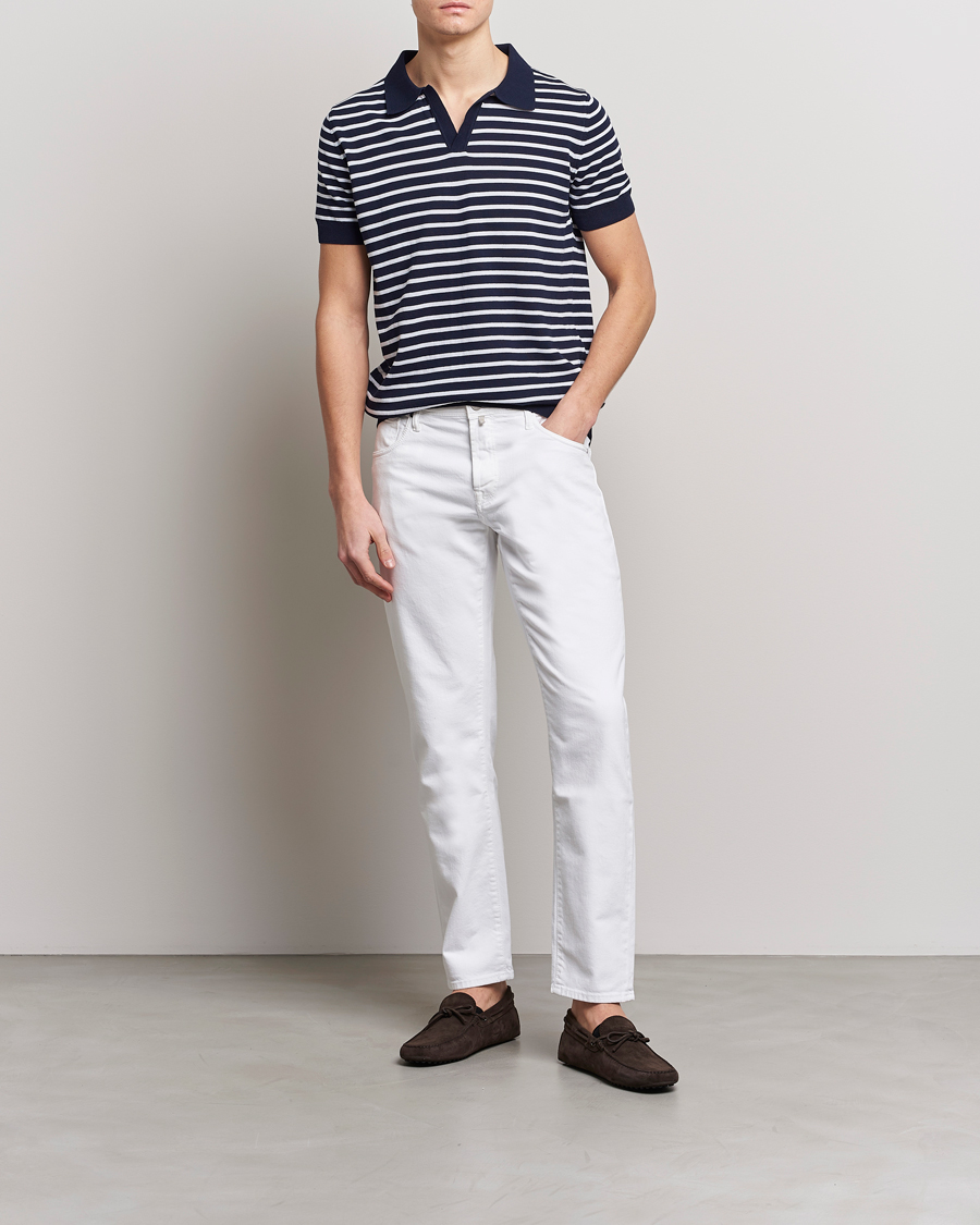 Herre | Polotrøjer | Oscar Jacobson | Devon Short Sleeve Striped Cotton Polo White/Blue