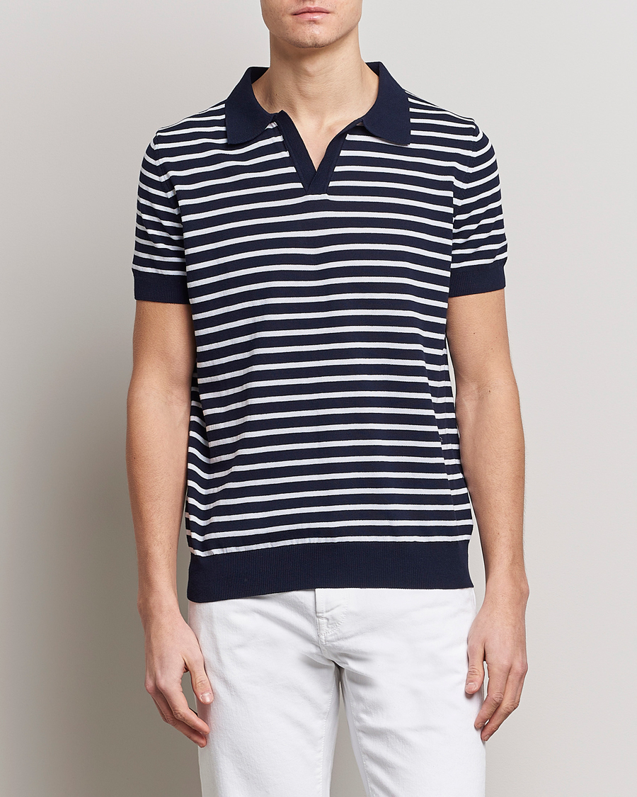 Herre | Polotrøjer | Oscar Jacobson | Devon Short Sleeve Striped Cotton Polo White/Blue