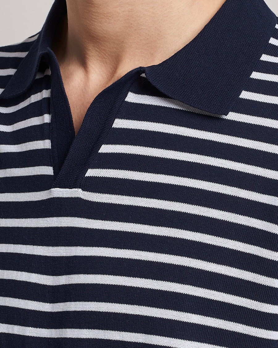 Herre | Polotrøjer | Oscar Jacobson | Devon Short Sleeve Striped Cotton Polo White/Blue
