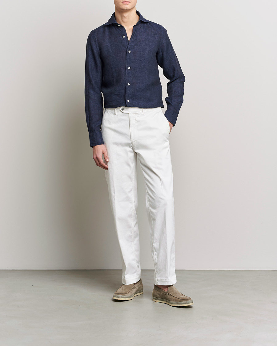 Herre | Skjorter | Finamore Napoli | Tokyo Slim Linen Shirt Navy