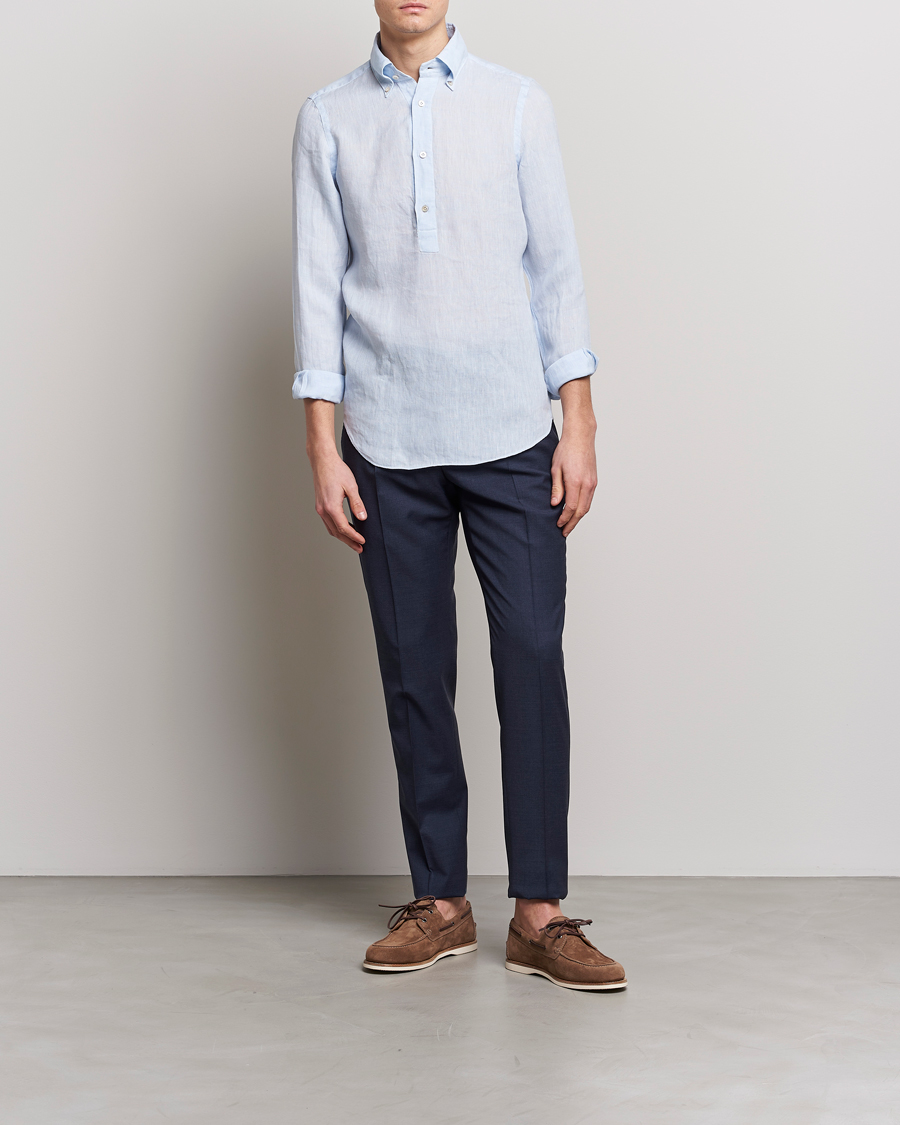 Herre | Skjorter | Finamore Napoli | Miami Linen Popover Shirt Light Blue