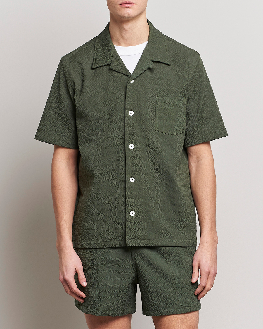 Herre | Kortærmede skjorter | Howlin' | Short Sleeve Cotton Seersucker Shirt Greenish