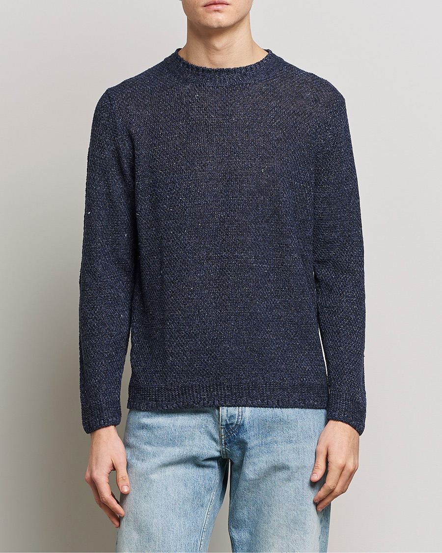 Herre | Trøjer | Inis Meáin | Moss Stiched Linen Crew Neck Dark Blue
