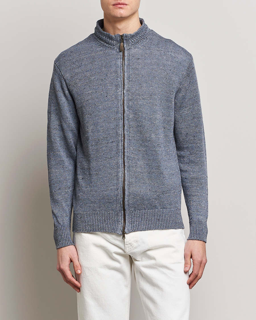 Herre | Full-zip | Inis Meáin | Chevron Washed Donegal Linen Zipper Dusk