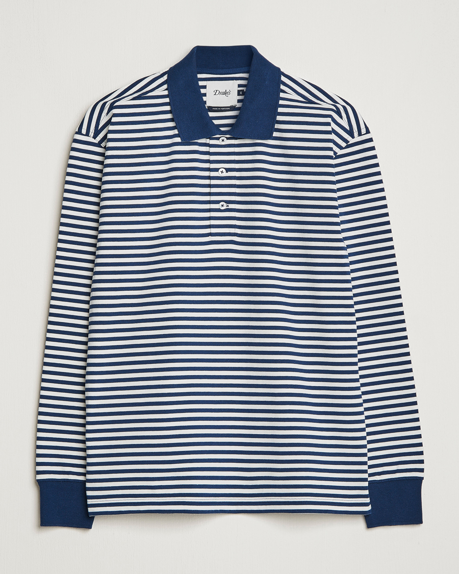 Herre | Trøjer | Drake's | Striped Long Sleeve Jersey Polo White/Navy