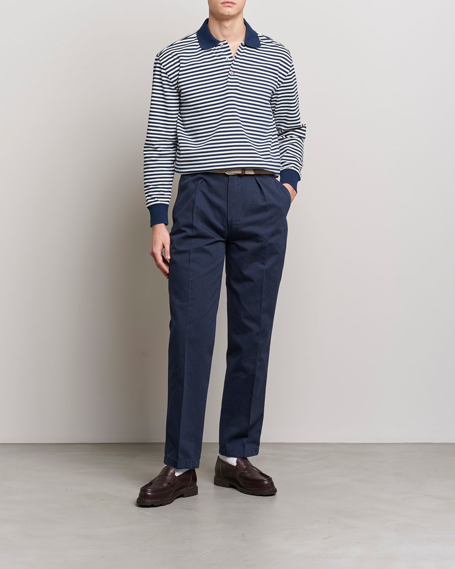 Herre | Trøjer | Drake's | Striped Long Sleeve Jersey Polo White/Navy