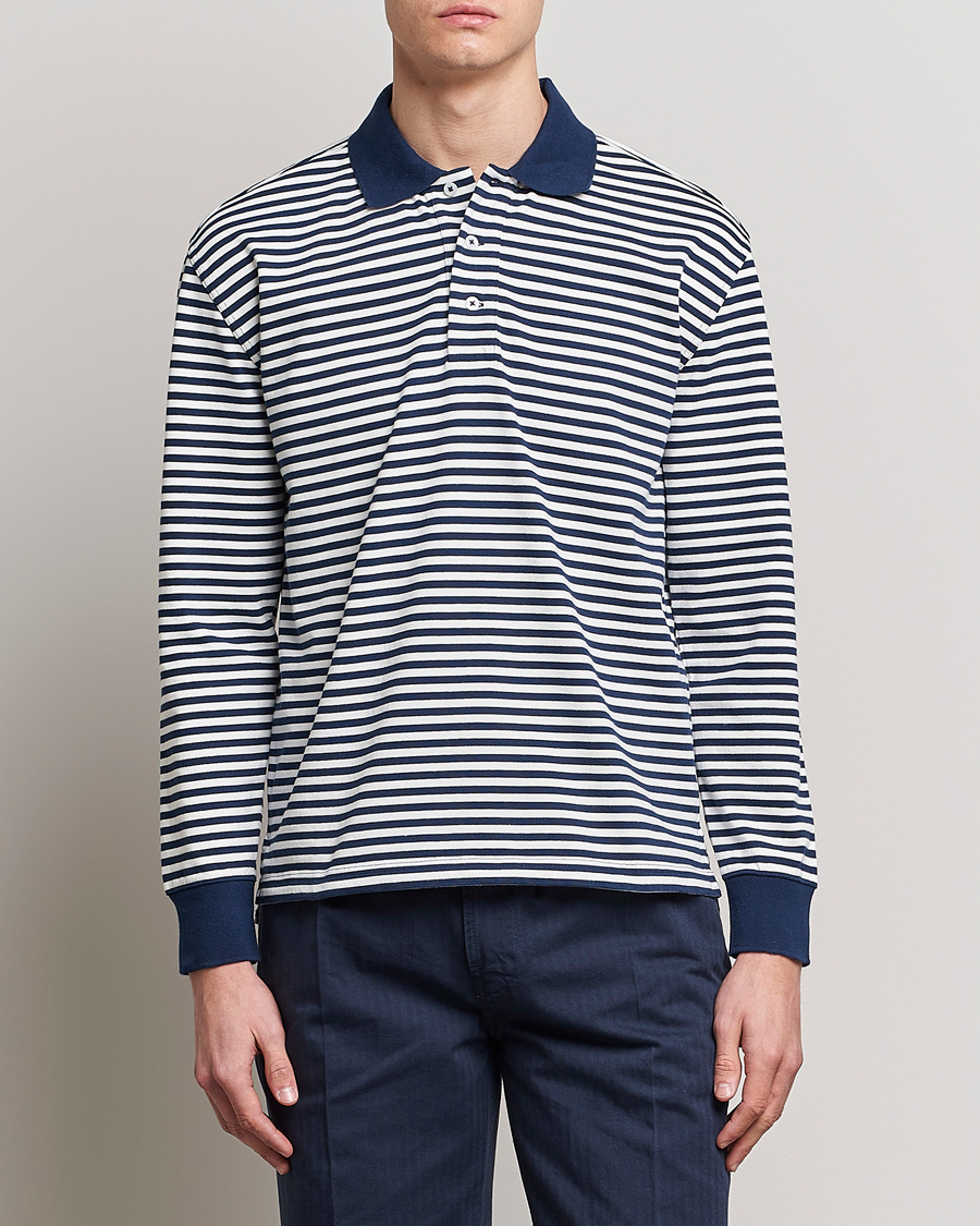 Herre | Trøjer | Drake's | Striped Long Sleeve Jersey Polo White/Navy
