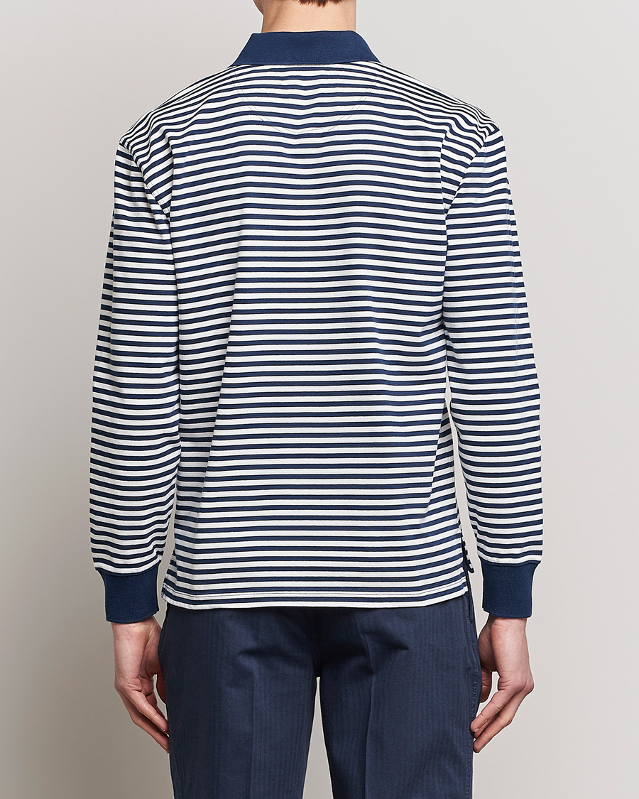 Herre | Trøjer | Drake's | Striped Long Sleeve Jersey Polo White/Navy