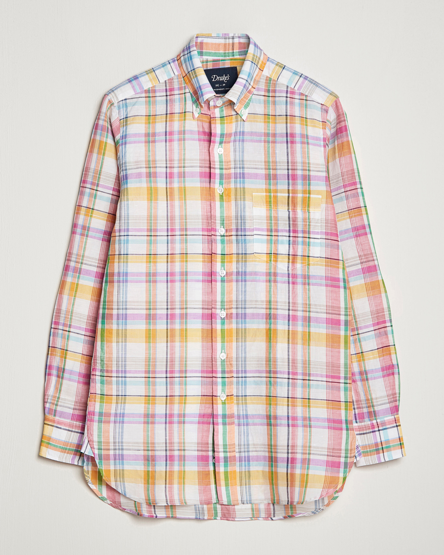Herre | Skjorter | Drake's | Checked Button Down Linen Shirt Multi