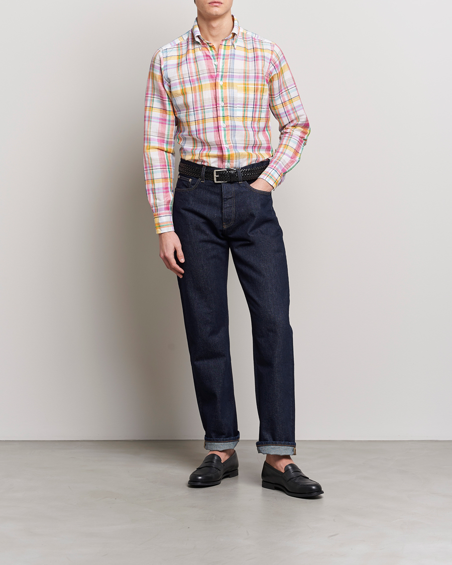 Herre | Skjorter | Drake's | Checked Button Down Linen Shirt Multi