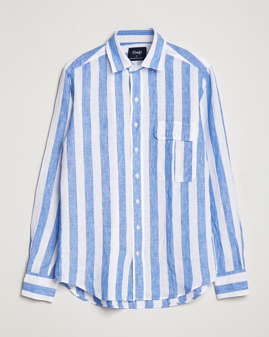 Herre | Skjorter | Drake's | Broad Stripe Linen Spread Collar Shirt Blue
