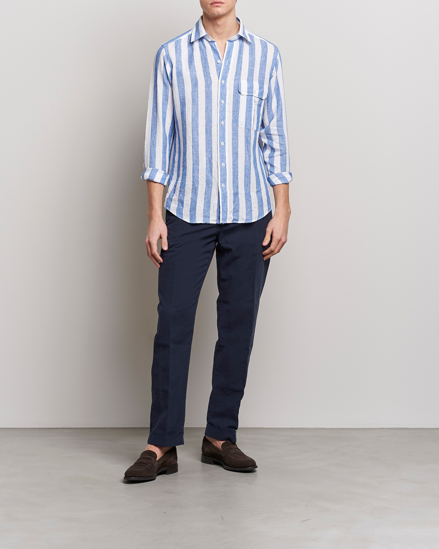 Herre | Skjorter | Drake's | Broad Stripe Linen Spread Collar Shirt Blue