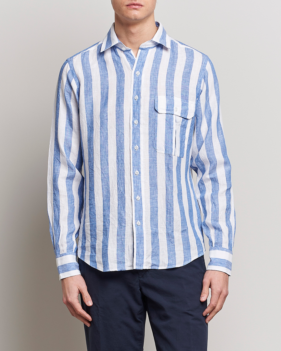 Herre | Preppy Authentic | Drake's | Broad Stripe Linen Spread Collar Shirt Blue