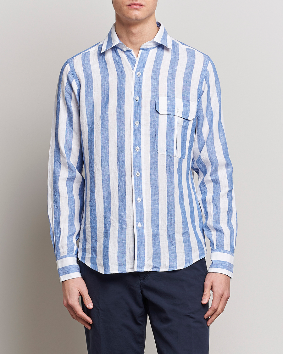 Herre | Skjorter | Drake's | Broad Stripe Linen Spread Collar Shirt Blue