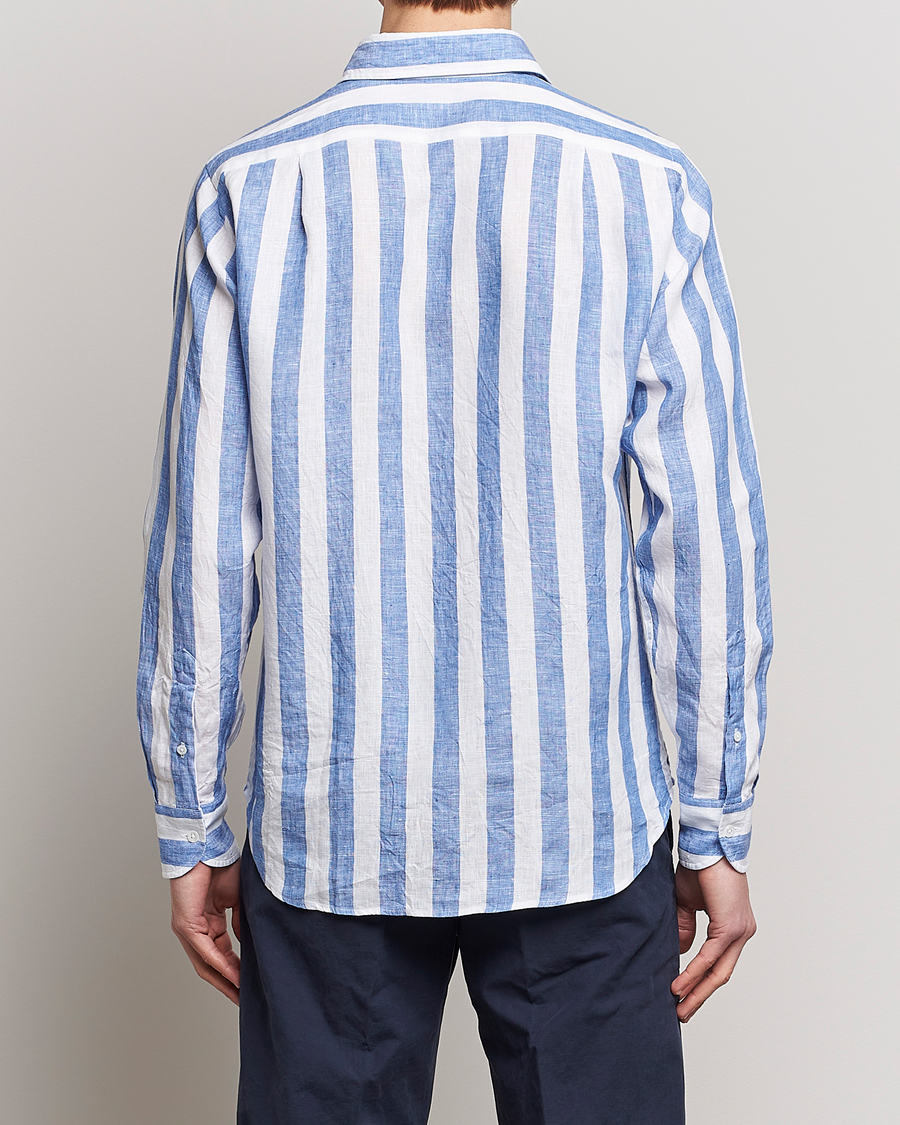 Herre | Skjorter | Drake's | Broad Stripe Linen Spread Collar Shirt Blue