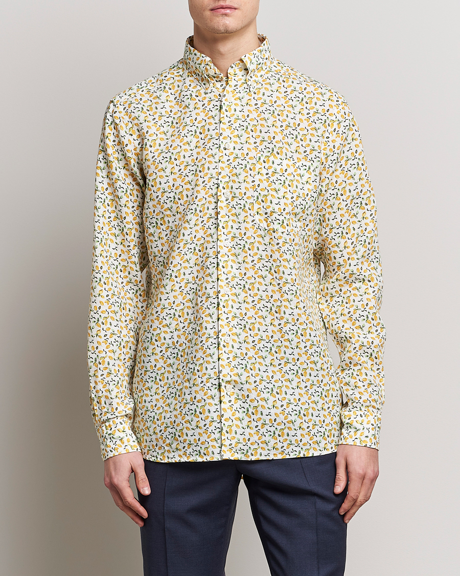 Herre | Hørskjorter | Eton | Lemon Print  Contemporary Linen Shirt Yellow 