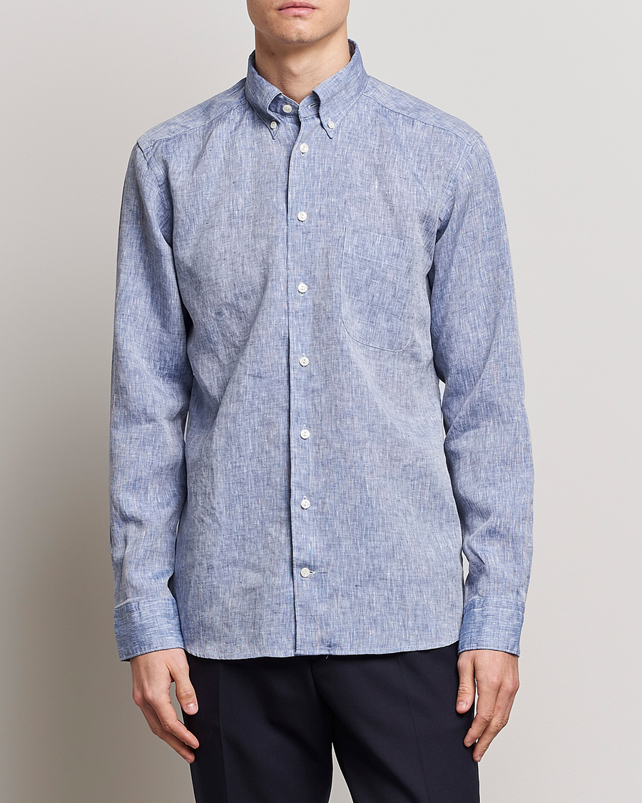Herre |  | Eton | Slim Fit Linen Shirt Mid Blue