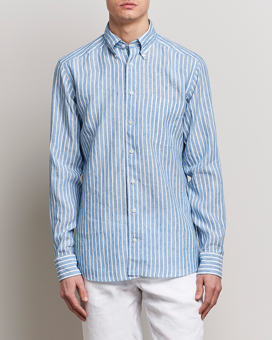 Herre | Skjorter | Eton | Slim Fit Striped Linen Shirt Mid Blue