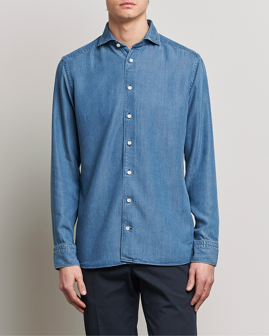 Herre | Denimskjorter | Eton | Light Denim Tencel Shirt Navy Blue