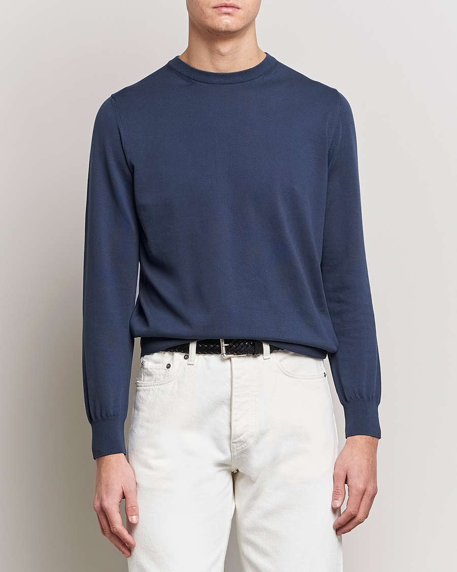 Herre | Quiet Luxury | Canali | Cotton Crew Neck Pullover Steel Blue