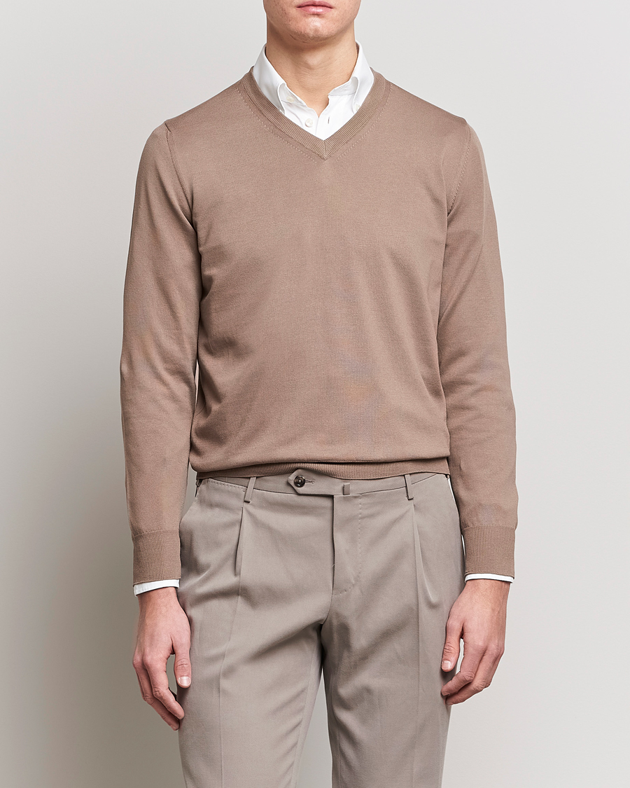 Herre |  | Canali | Cotton V-Neck Pullover Brown