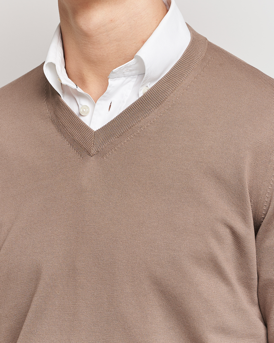 Herre | Trøjer | Canali | Cotton V-Neck Pullover Brown