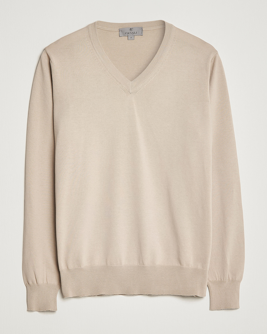 Herre | Trøjer | Canali | Cotton V-Neck Pullover Beige