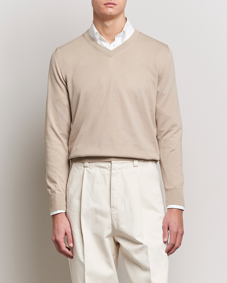 Herre | Trøjer | Canali | Cotton V-Neck Pullover Beige