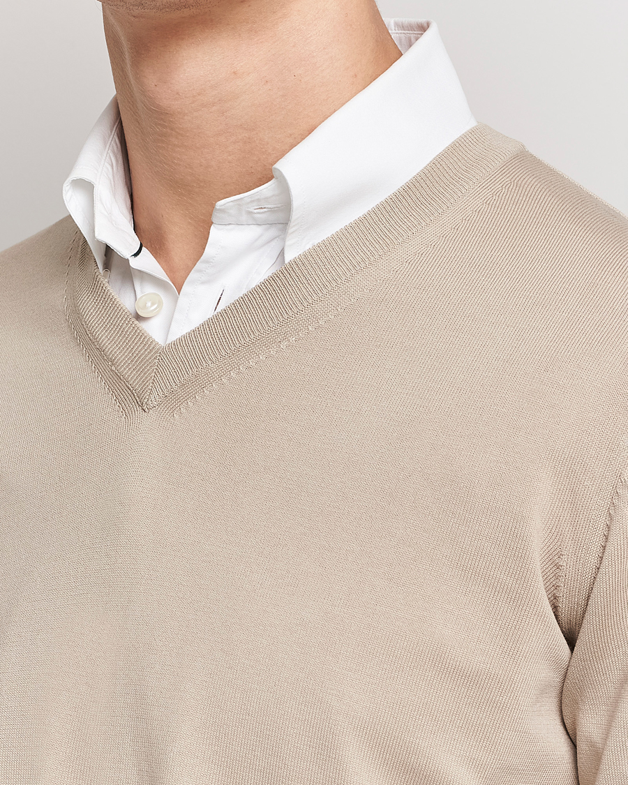 Herre | Trøjer | Canali | Cotton V-Neck Pullover Beige