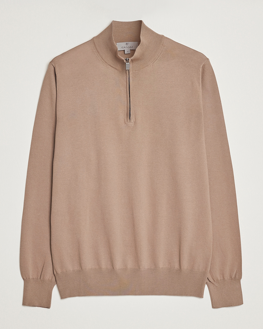 Herre | Trøjer | Canali | Cotton Half Zip Sweater Brown