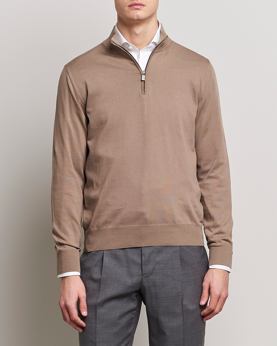 Herre | Trøjer | Canali | Cotton Half Zip Sweater Brown
