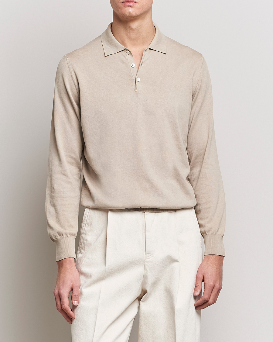 Herre | Quiet Luxury | Canali | Cotton Long Sleeve Polo Beige