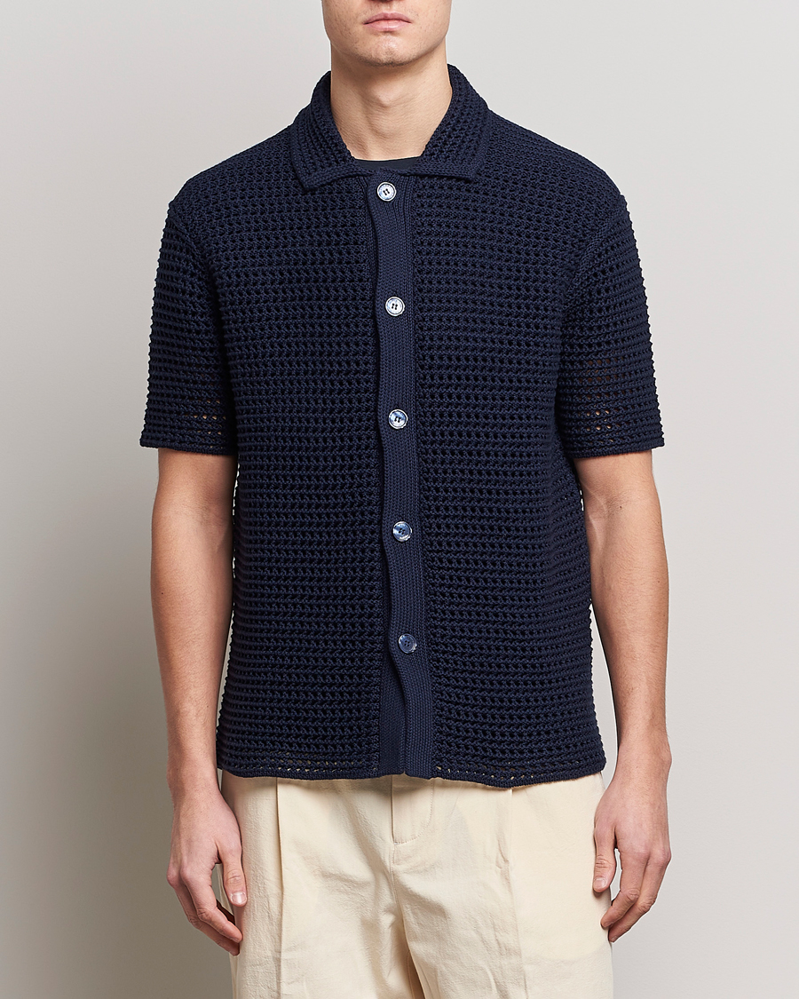 Herre | Skjorter | Orlebar Brown | Thomas Crochet Heavy Knitted Cotton Shirt Night Iris