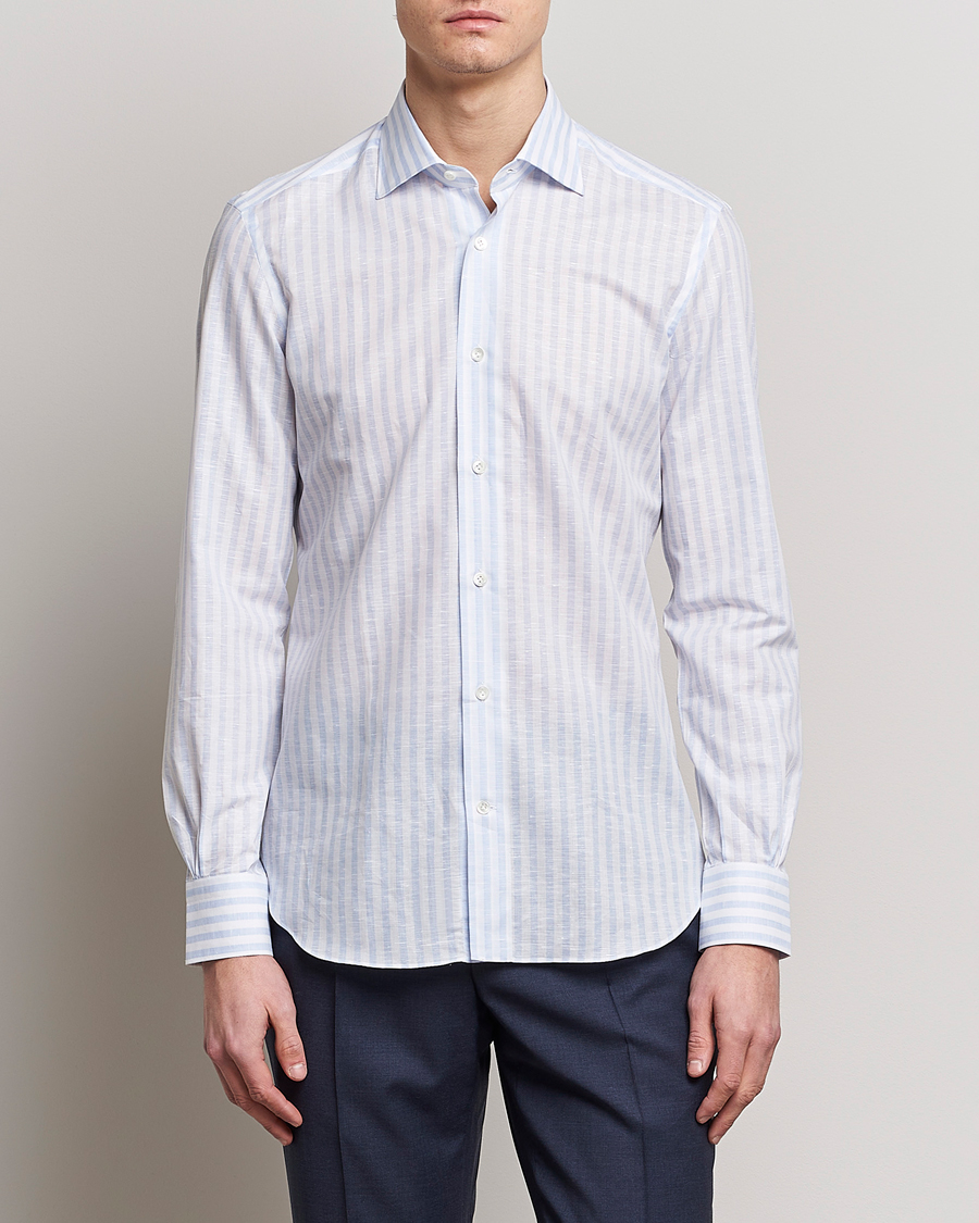 Herre | Skjorter | Mazzarelli | Soft Cotton/Linen Shirt Light Blue Stripe