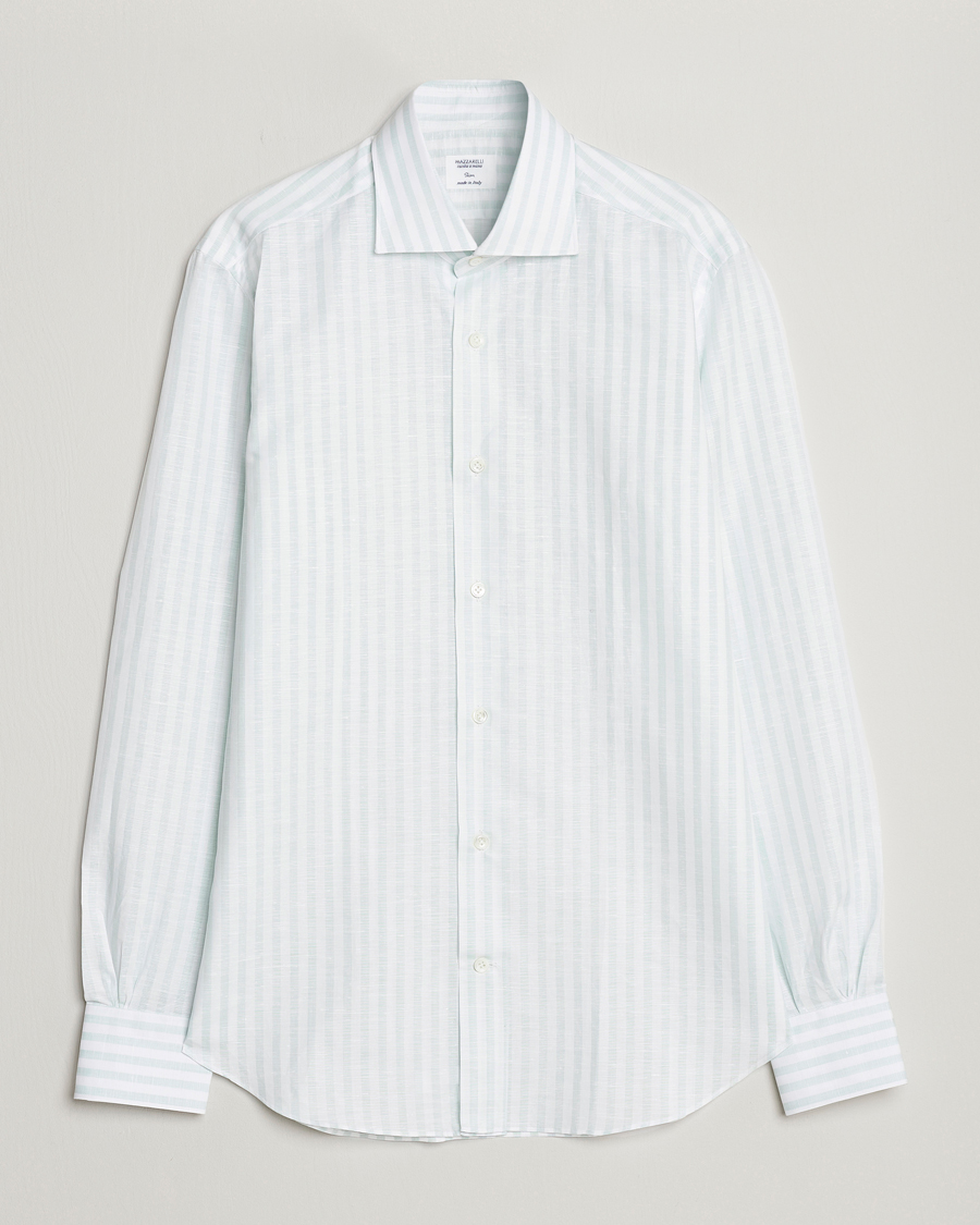 Herre | Skjorter | Mazzarelli | Soft Cotton/Linen Shirt Light Green Stripe