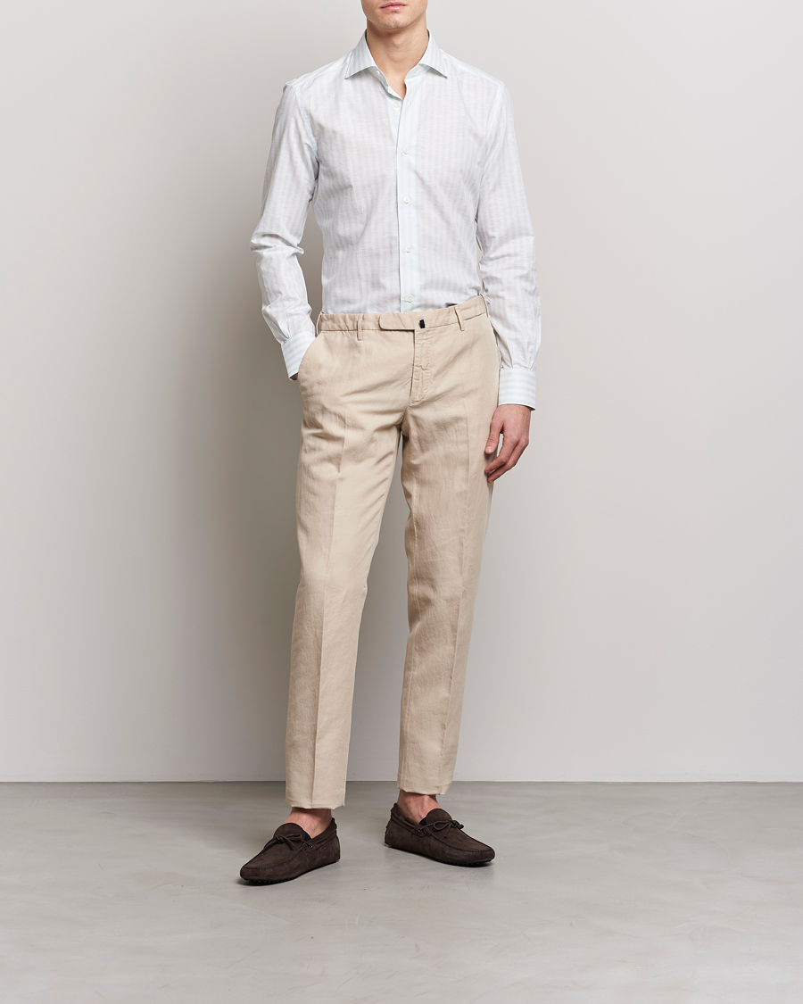 Herre | Skjorter | Mazzarelli | Soft Cotton/Linen Shirt Light Green Stripe