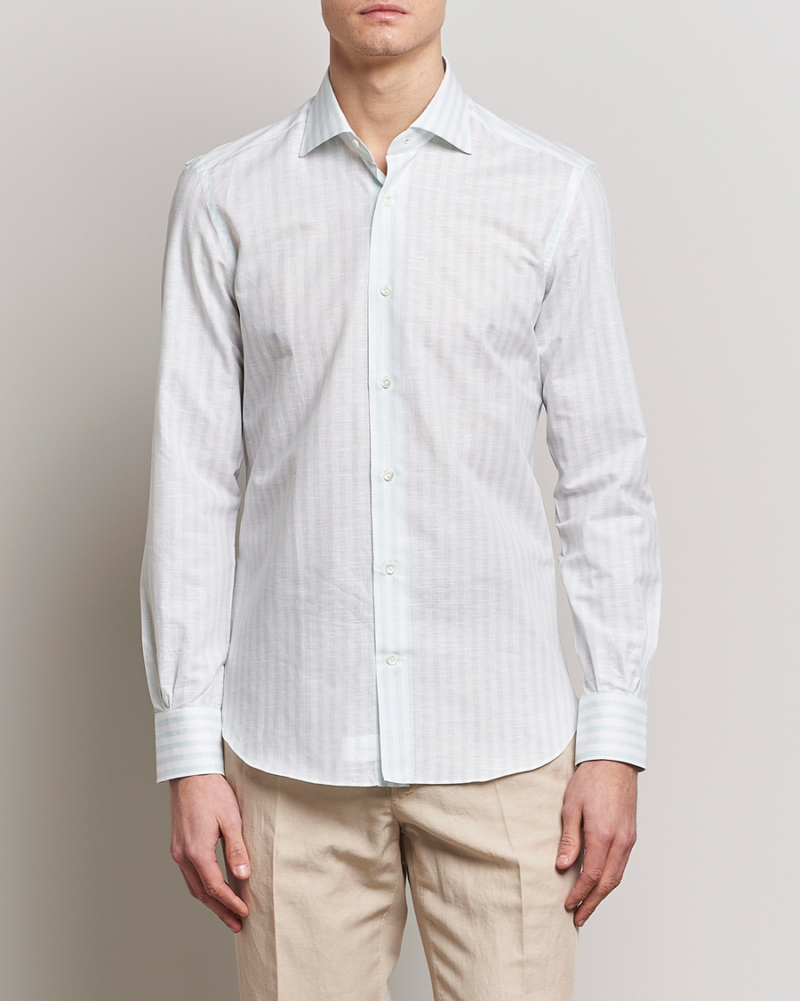 Herre | Skjorter | Mazzarelli | Soft Cotton/Linen Shirt Light Green Stripe