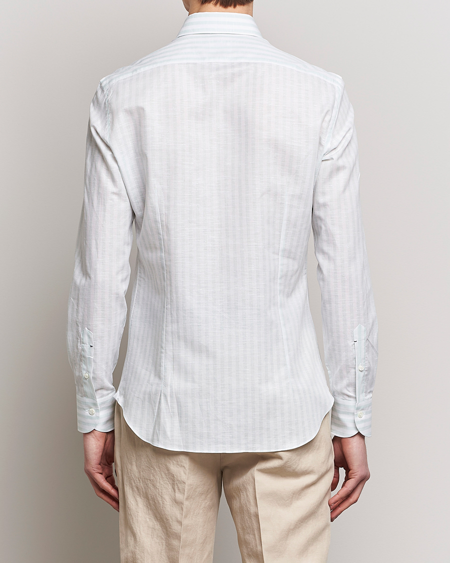 Herre | Skjorter | Mazzarelli | Soft Cotton/Linen Shirt Light Green Stripe